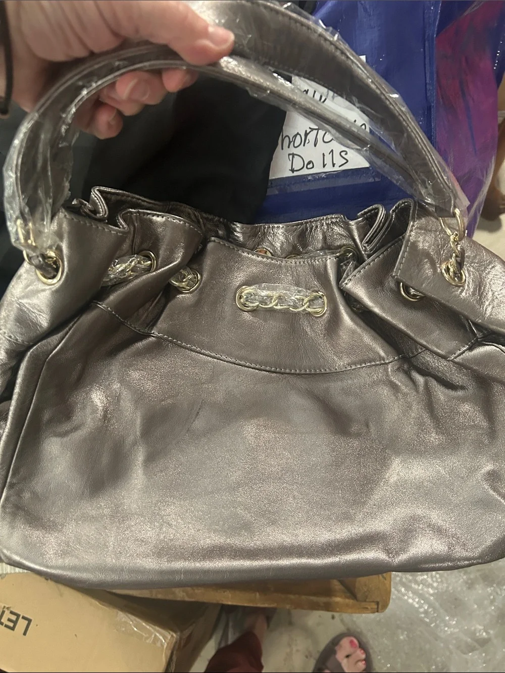 Metallic Silver Women's Shoulder Bag with Interlocking Logo